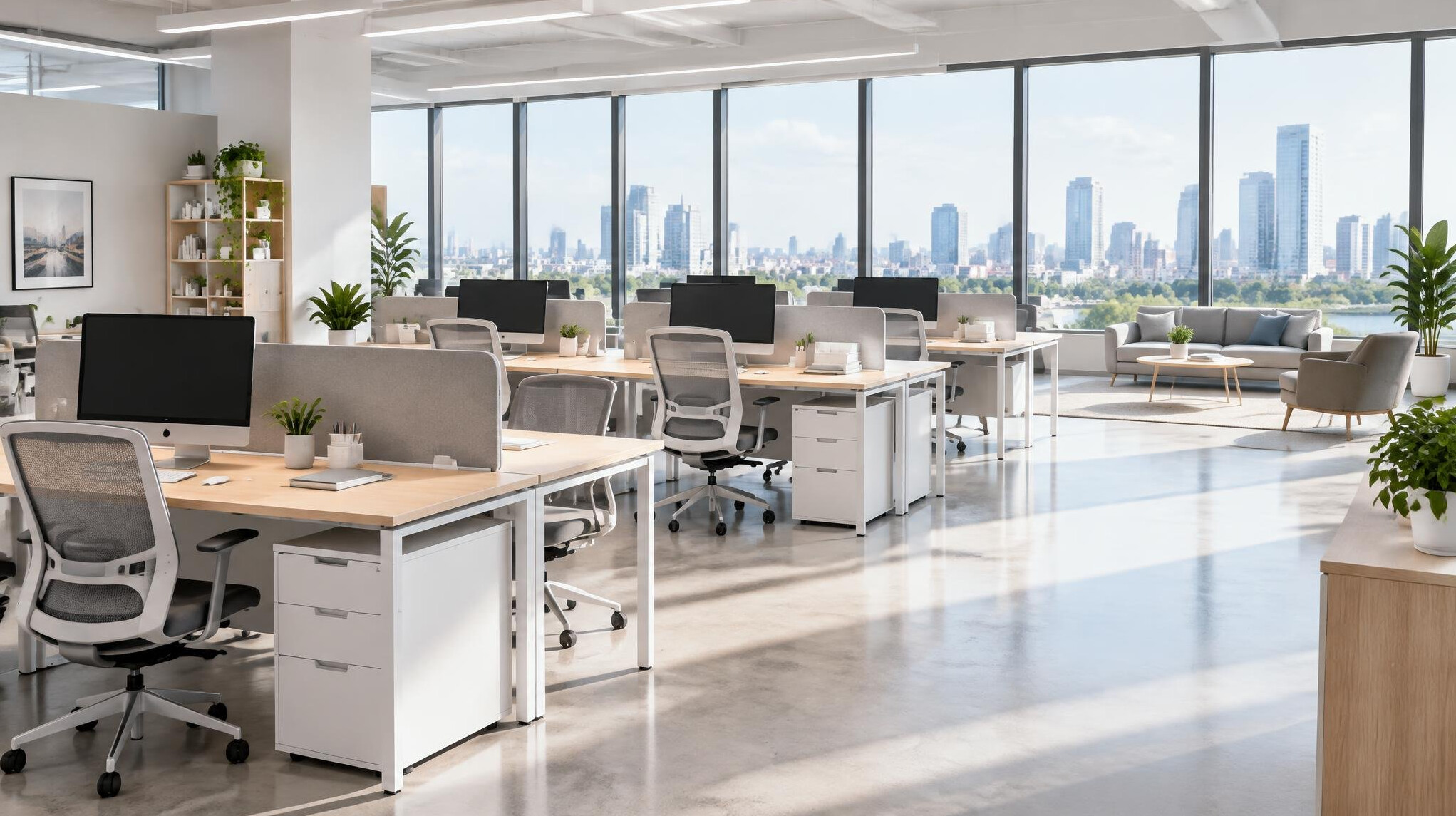 Bright modern open office with desks and large windows