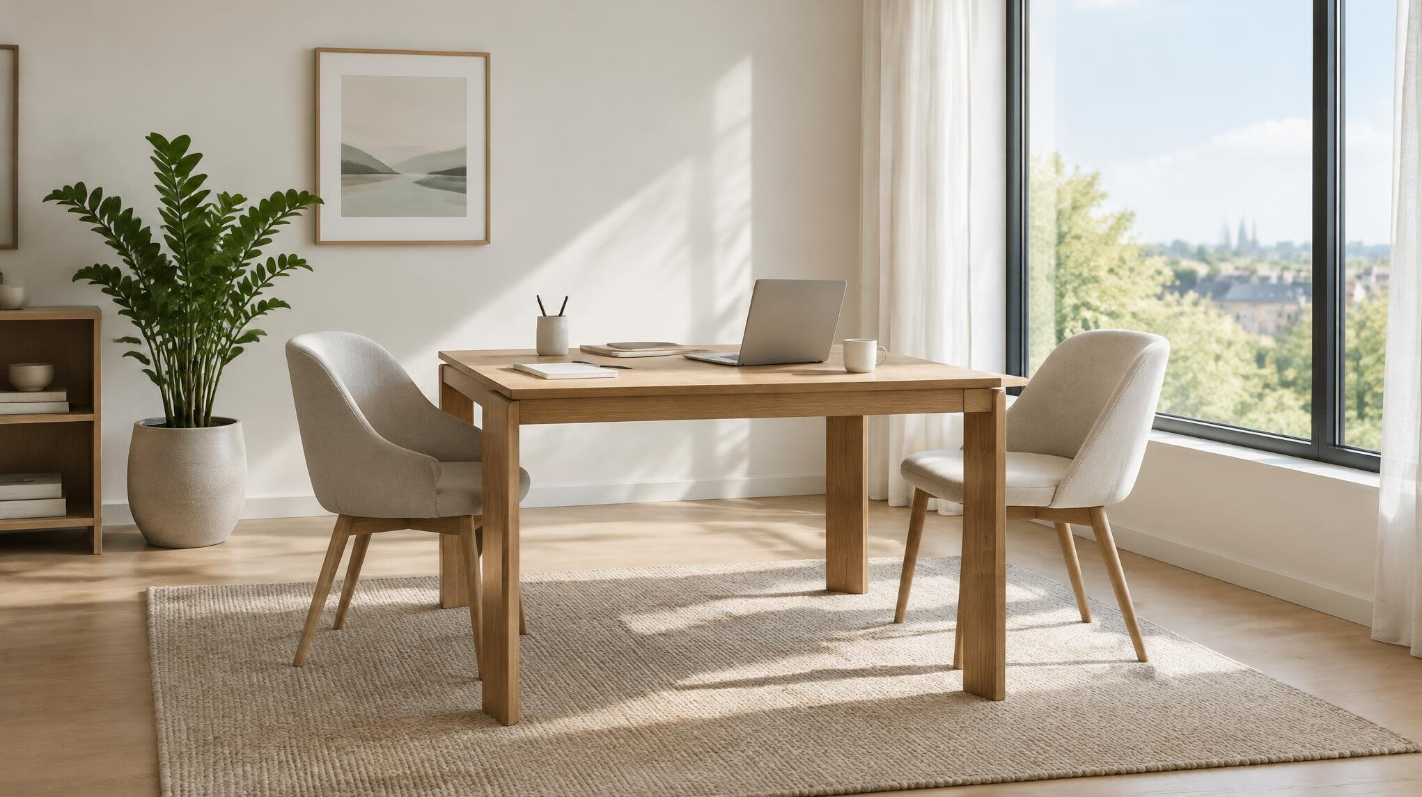 Minimal workspace with a desk, chairs and a bright window