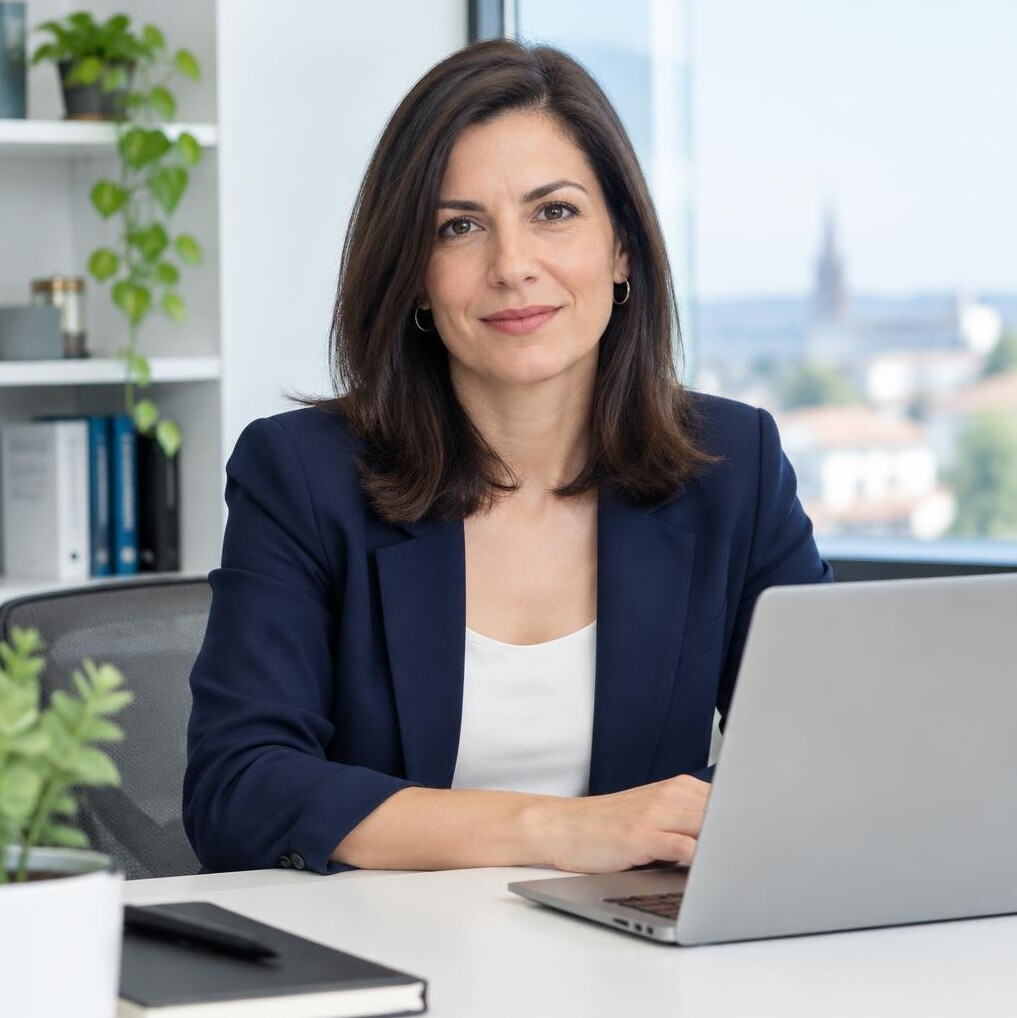 Focused professional woman in a blazer working at a laptop in a bright office